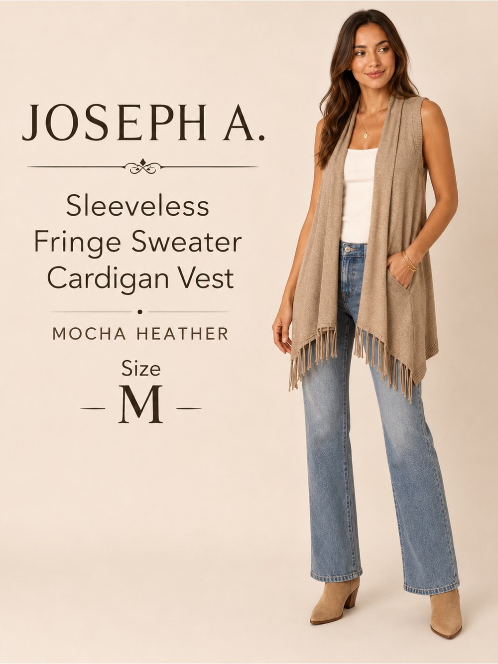 Joseph A. Mocha Heather Fringe Open-Front Sweater Vest Size M NWT